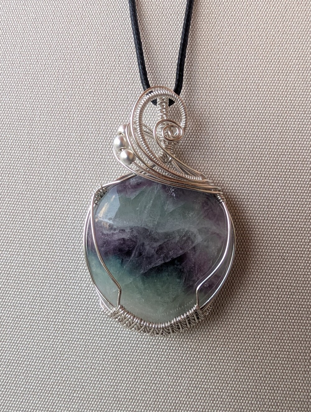 Silver-Plated Fluorite Pendant | Wire Wrapped | Purple Green | Handmade